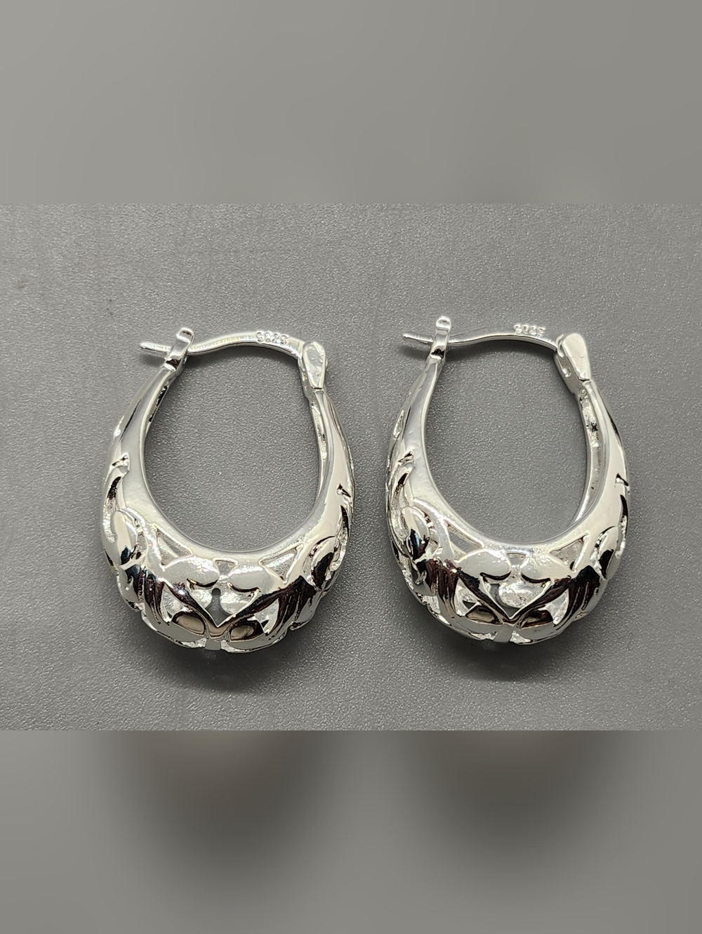 Sterling Silver Carved Hoop Earrings - Picture 2 of 12